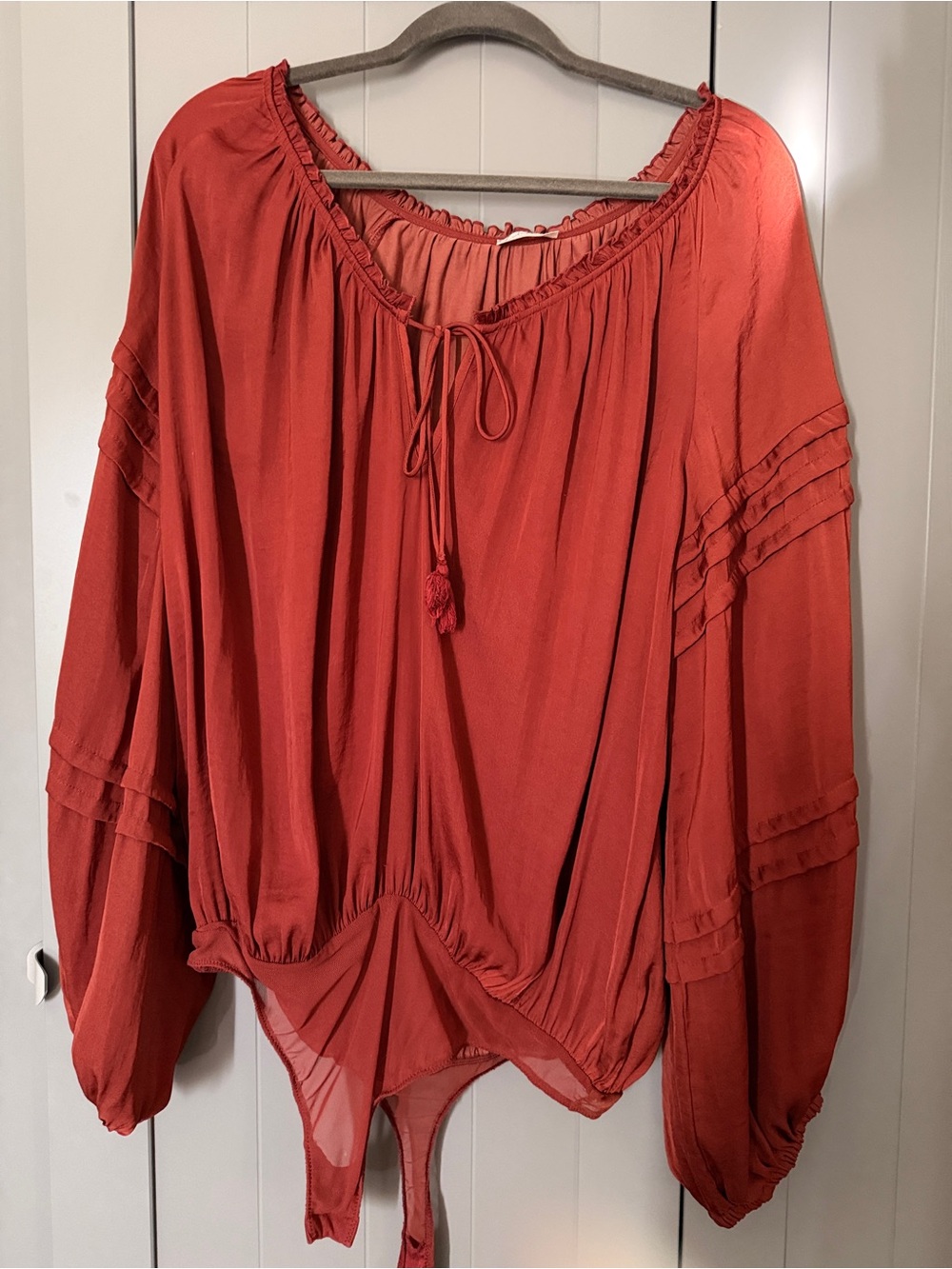 Free People Rust Red Boho Tie-Front Long Sleeve Bodysuit